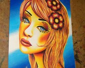 ORIGINAL DRAWING - Pretty Pop Art Pink and Yellow Girl Portrait - Colored Pencil Illustration 8.5x11 inches - Honey by Carissa Rose