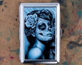 Cigarette Case Money Clip Business Card Holder Duality Black and White Day of the Dead Pretty Tattoo Style Sugar Skull Girl Aluminum