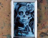Cigarette Case Money Clip Business Card Holder Serenity Black and White Day of the Dead Tattoo Butterfly Sugar Skull Girl Aluminum