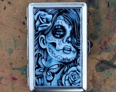 Cigarette Case Money Clip Business Card Holder Epiphany Black and White Day of the Dead Tattoo Butterfly Sugar Skull Girl Aluminum