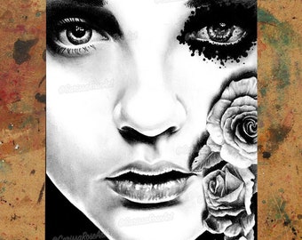 Art Print | Rose of the Devil's Garden | Poster Style | Lowbrow Black and White Gothic Horror Portrait | 5x7, 8x10, 10.5x13.8, or 11x17 inch