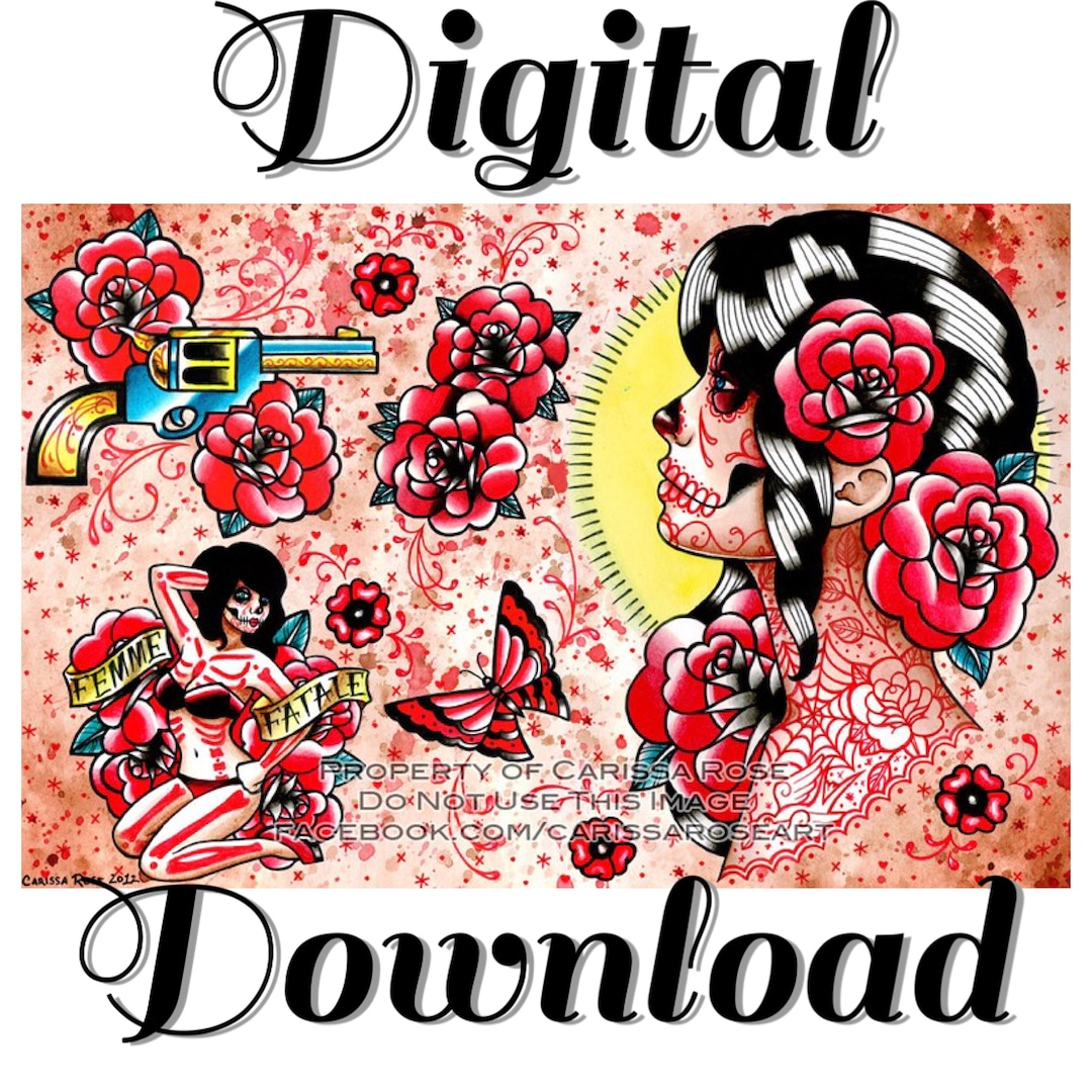 Digital Download Tattoo Flash Sheet With Full Color and Outlines Old
