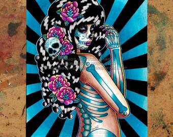 Art Print | Midnight Motif | Lowbrow Pin Up Day of the Dead Sugar Skull Girl With Tattoos and Flowers | 5x7, 8x10, 10.5x13.8, or 11x17 inch