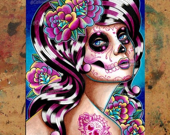 Art Print | Benumbed | Day of the Dead Sugar Skull Girl With Tattoo Skulls and Roses | 5x7, 8x10, 10.5x13.8, or 11x17 in