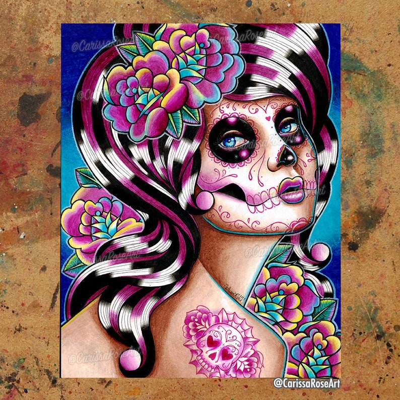 Art Print Benumbed Day of the Dead Sugar Skull Girl With Tattoo Skulls and Roses 5x7, 8x10, 10.5x13.8, or 11x17 in image 1
