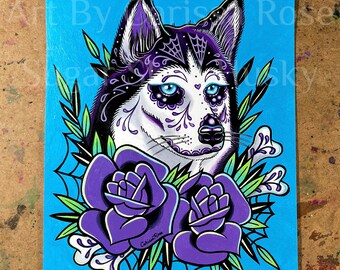 ORIGINAL 8x10 Inch Watercolor and Gouache Painting | Sugar Skull Husky | Colorful Lowbrow Macabre Day of the Dead Dog Tattoo Art