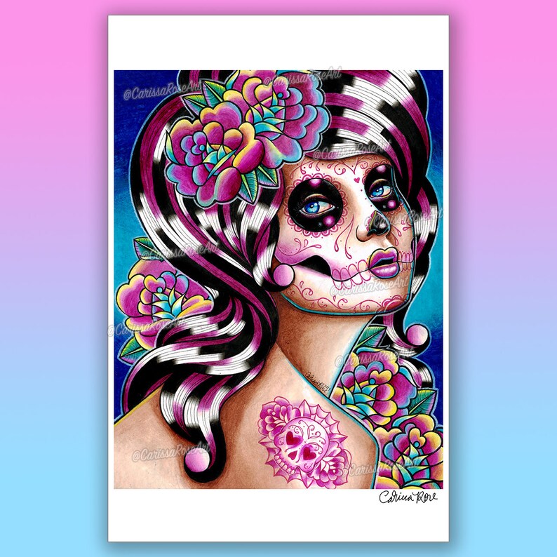 Art Print Benumbed Day of the Dead Sugar Skull Girl With Tattoo Skulls and Roses 5x7, 8x10, 10.5x13.8, or 11x17 in 11x17 inches
