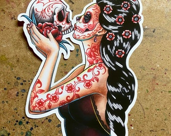 Full Color Sticker or Magnet | Pretty Traditional Tattoo Flash Style Day of the Dead Girl Kissing Sugar Skull Cute Pink Design