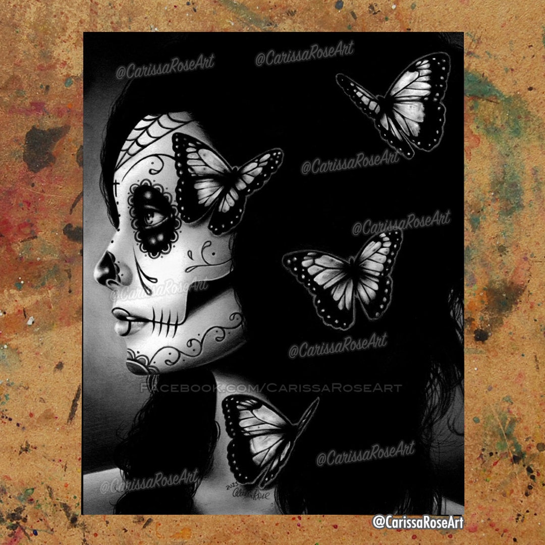 Flutter By / Póster / Tapiz / Impresión en metal / Calavera de azúcar en  blanco y negro del Día de los Muertos, Catrina con mariposas - Etsy México, image size:1080x1080