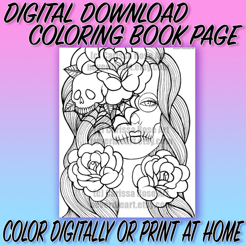 Digital Download Print Your Own Coloring Book Outline Page Wash Away Sugar Skull Girl by Carissa Rose image 1