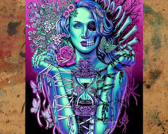 Art Print | Bound By Time | Lowbrow Horror Tattoo Art Hourglass Pin Up Skull Girl Illustration | 5x7, 8x10, 10.5x13.8, or 11x17 Inches