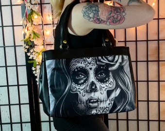 Serenity by Carissa Rose Classic Shoulder Bag | Large Bucket Bag Leather Purse | Pretty Black and White Sugar Skull Girl Tattoo Art