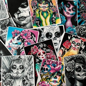 Mixed Sugar Skull Girl Art Laminated Stickers | Vinyl Stickers Old School Tattoo Flash Art Designs