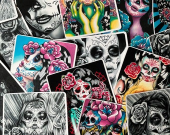 Mixed Sugar Skull Girl Art Laminated Stickers | Vinyl Stickers Old School Tattoo Flash Art Designs