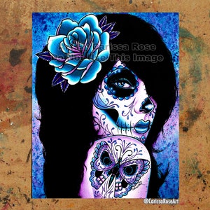 Art Print | Harmony | Poster | Tapestry | Metal Print | Colorful Pop Art Illustration Sugar Skull Girl With Butterfly Tattoo