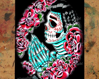Art Print | Dia De Los Muertos II | Tattoo Art Sugar Skull Man | Dia de los Muertos Praying Hands Skeleton | 5x7, 8x10, 10.5x13.8, or 11x17