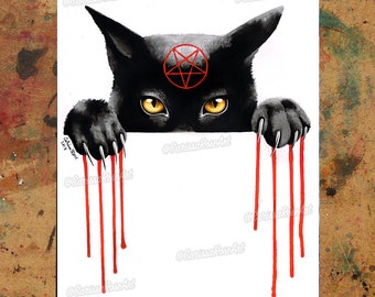 Art Print | Hellcat | Lowbrow Horror Decor Art Print Red and Black Pentagram Cat With Blood Dripping | 5x7, 8x10, 10.5x13.8, or 11x17 inch