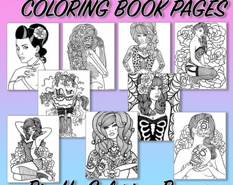 Digital Download Print Your Own Coloring Book Outline Page Discount Pack | Nine High Resolution Lowbrow Tattoo Pin Up Coloring Pages