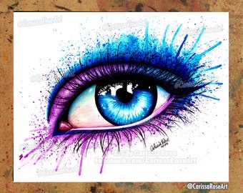 Art Print | Eye | Poster | Colorful Pop Art Pink Splatter Makeup Watercolor Eye Painting | 5x7, 8x10, 10.5x13.8, or 11x17 inch