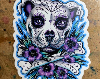 Full Color Sticker or Magnet | Vinyl Sticker Day of the Dead Sugar Skull Tattoo Flash Pit Bull Dog With Crossbones and Tattoo Flowers