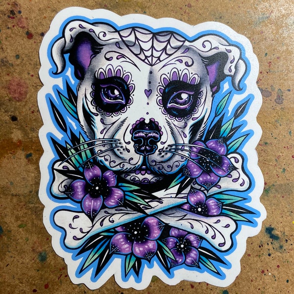 Full Color Sticker or Magnet | Vinyl Sticker Day of the Dead Sugar Skull Tattoo Flash Pit Bull Dog With Crossbones and Tattoo Flowers