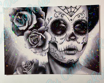 Holographic Art Print | Felicity | 5x7 Inches | Sparkling Black and White Day of the Dead Sugar Skull Girl