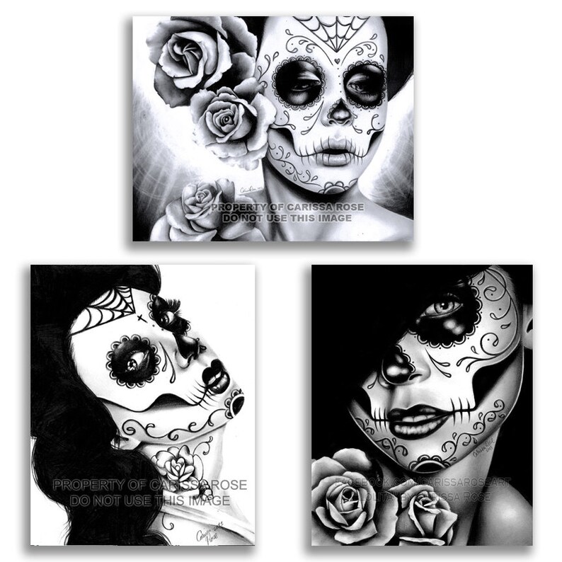 Set of THREE Art Prints Black and White Day of the Dead Etsy