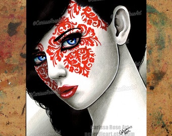 Art Print | The Impostor II | Poster | Red Black and White Lowbrow Victorian Damask Pattern Portrait | 5x7, 8x10, 10.5x13.8, 11x17 inch