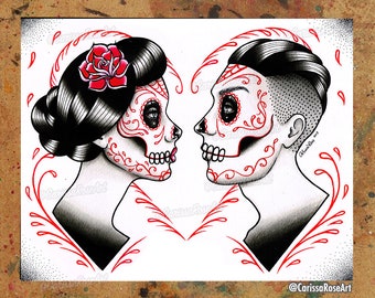 Signed Art Print | 5x7, 8x10, 10.5x13.8, or 11x17 in | Fate | Romantic Day of the Dead Sugar Skull Male and Female Love Lowbrow Tattoo Flash