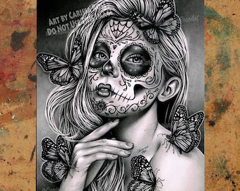 Art Print | Mariposa | Poster | Day of the Dead Sugar Skull Girl With Butterflies Tattoo Art Catrina | 5x7, 8x10, 10.5x13.8, or 11x17 inch