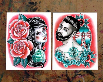 Set Of TWO Separate Art Prints Nautical Romance Down With the Ship Set - 5x7, 8x10, or Apprx. 11x14 inch Prints - Tattoo Parlor Decor