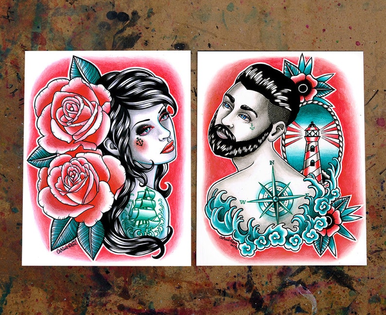 Set Of TWO Separate Art Prints Nautical Romance Down With the Ship Set 5x7, 8x10, or Apprx. 11x14 inch Prints Tattoo Parlor Decor image 1