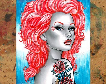 Art Print | She Wants Revenge | Poster | Colorful Red Head Tattoo Lowbrow Pin Up Girl Watercolor Painting | 5x7, 8x10, 10.5x13.8, 11x17 inch