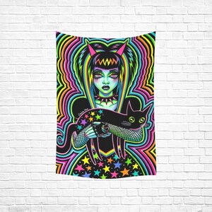 May include: A psychedelic tapestry featuring a woman with black hair and a black cat. The woman is wearing a black dress with a rainbow pattern and a black choker. The background is a swirling rainbow pattern.