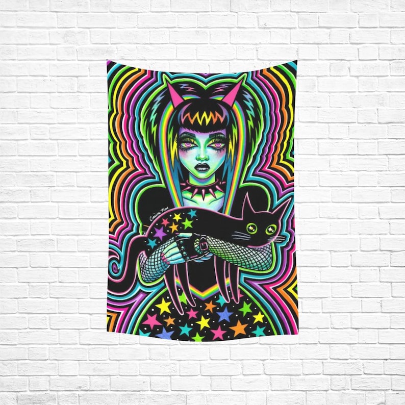 May include: A psychedelic tapestry featuring a woman with black hair and a black cat. The woman is wearing a black dress with a rainbow pattern and a black choker. The background is a swirling rainbow pattern.