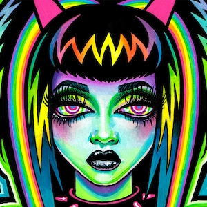 May include: A digital illustration of a person with black hair, pink horns, and a rainbow background. The person has green skin, black eyes with pink and blue accents, and a black mouth.
