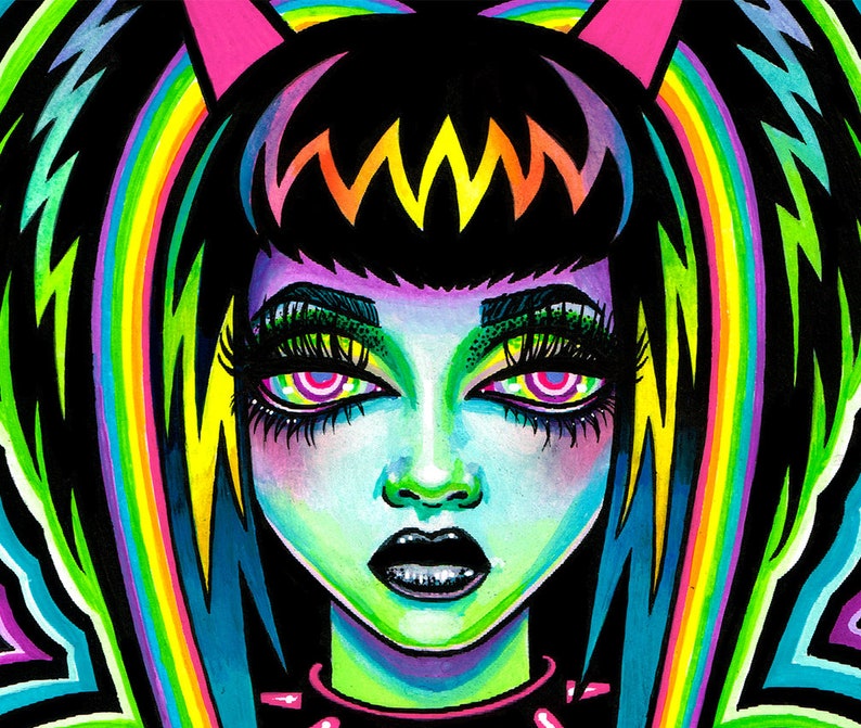 May include: A digital illustration of a person with black hair, pink horns, and a rainbow background. The person has green skin, black eyes with pink and blue accents, and a black mouth.