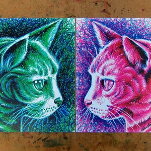 May include: Two colorful cat portraits, one green and one pink, with a white background. The cats are drawn in a detailed, scribbled style with a lot of lines.