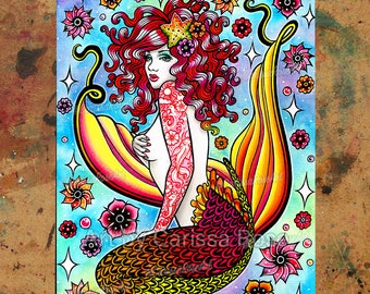 Art Print | Electric Ocean II | Poster | Colorful Rainbow Tattoo Mermaid Pin Up Girl Watercolor Painting | 5x7, 8x10, 10.5x13.8, or 11x17 in