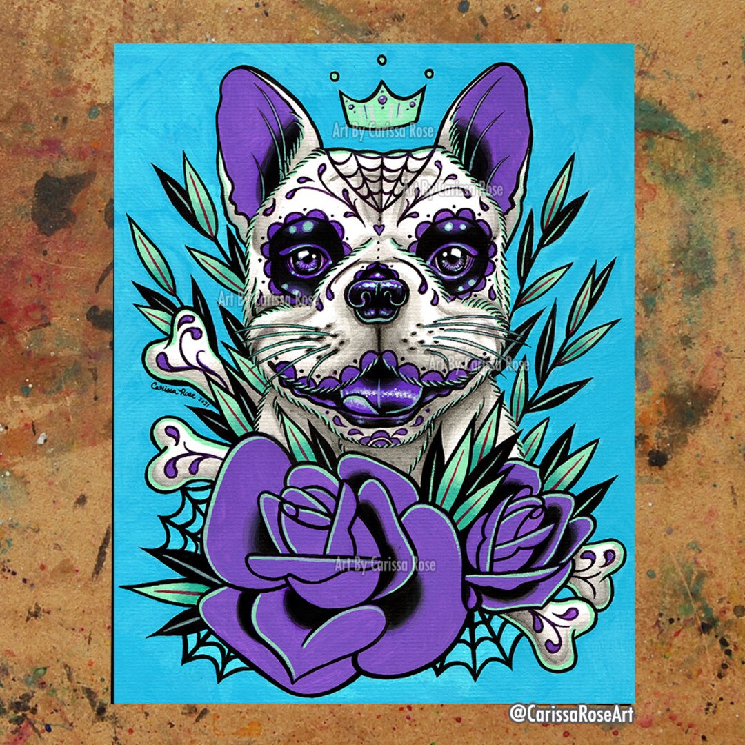 シュガーブー　sugarboo Designs アート　古材　フレンチブルドッグ Art Print | Sugar Skull French Bulldog | Poster | Day of the Dead