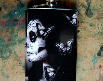 Tattoo Art Stainless Steel 8 oz. Hip Flask Flutter By Black and White Tattoo Sugar Skull Girl Day of the Dead Butterflies Flask Lowbrow