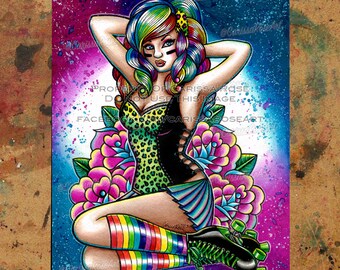 Art Print | Derby Doll | Lowbrow Emo Punk Scene Roller Derby Girl With Rainbow Hair and Roller Skates | 5x7, 8x10, 10.5x13.8, or 11x17 inch