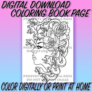 Digital nedladdning Skriv ut din egen målarbok dispositionssida - Medusa traditionell tatuering flashkonst design av Carissa Rose bild 1