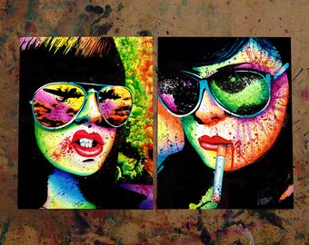 Set Of TWO Separate Pop Art Splatter Portrait Signed Prints - Here Come The Bombs and At A Glance Set - 5x7, 8x10, or apprx. 11x14 in Prints