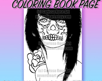 Digital Download Print Your Own Coloring Book Outline Page - Dia De Los Muertos Woman by Carissa Rose