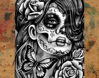 Art Print | Epiphany | Black and White Day of the Dead Sugar Skull Girl With Rose and Butterfly | 5x7, 8x10, 10.5x13.8, or 11x17 inch