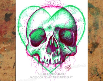 Art Print | Neon Death III | Poster | Colorful Pop Art Neon Green and Hot Pink Tattoo Skull With Heart | 5x7, 8x10, 10.5x13.8, or 11x17 inch