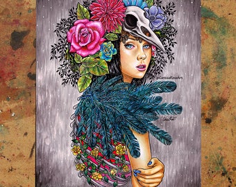 Art Print | Fade Away | Poster | Limited Edition | Skeleton Woman Tattoo Bird Skull Feathers + Flowers | 5x7, 8x10, 10.5x13.8, 18x24 inch