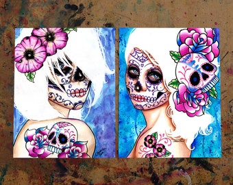 Set Of TWO Separate Day of the Dead Portrait Art Prints - Lies and Empty Promises Set - 5x7, 8x10, or apprx. 11x14 in Prints