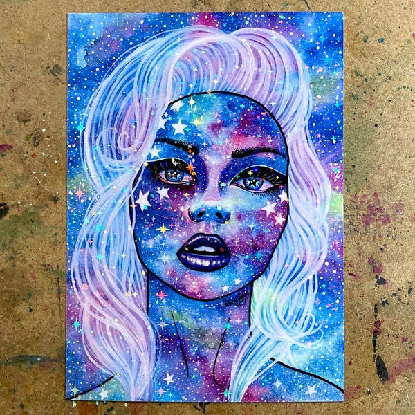 Holographic Art Print | Interstella IV | 5x7 Inches | Sparkling Lowbrow Fantasy Galaxy Space and Stars Girl